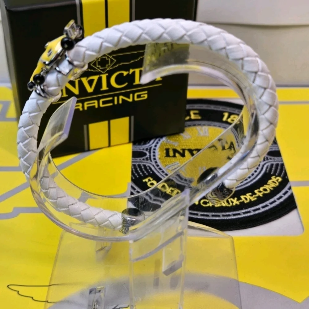 Invicta Racing Cuff Bracelet White Braided Leather Band IG0353 F1 Race Car